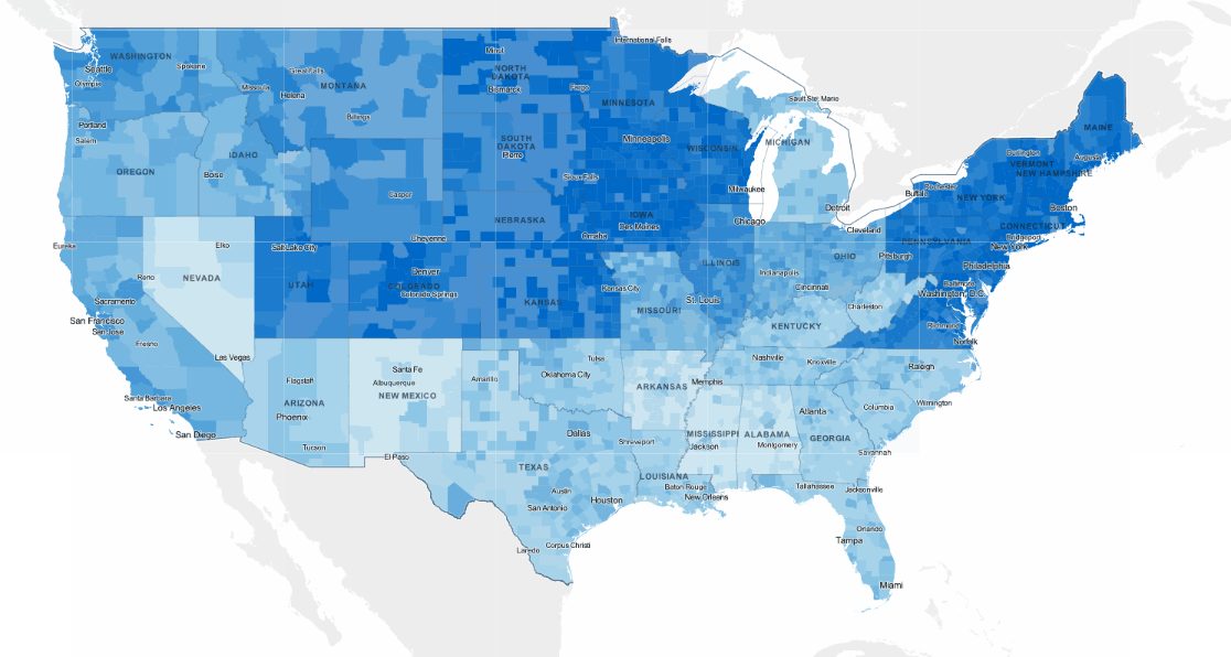 How each county fared in the 2014 "Opportunity Index." Darker shades indicate greater opportunity for upward mobility.