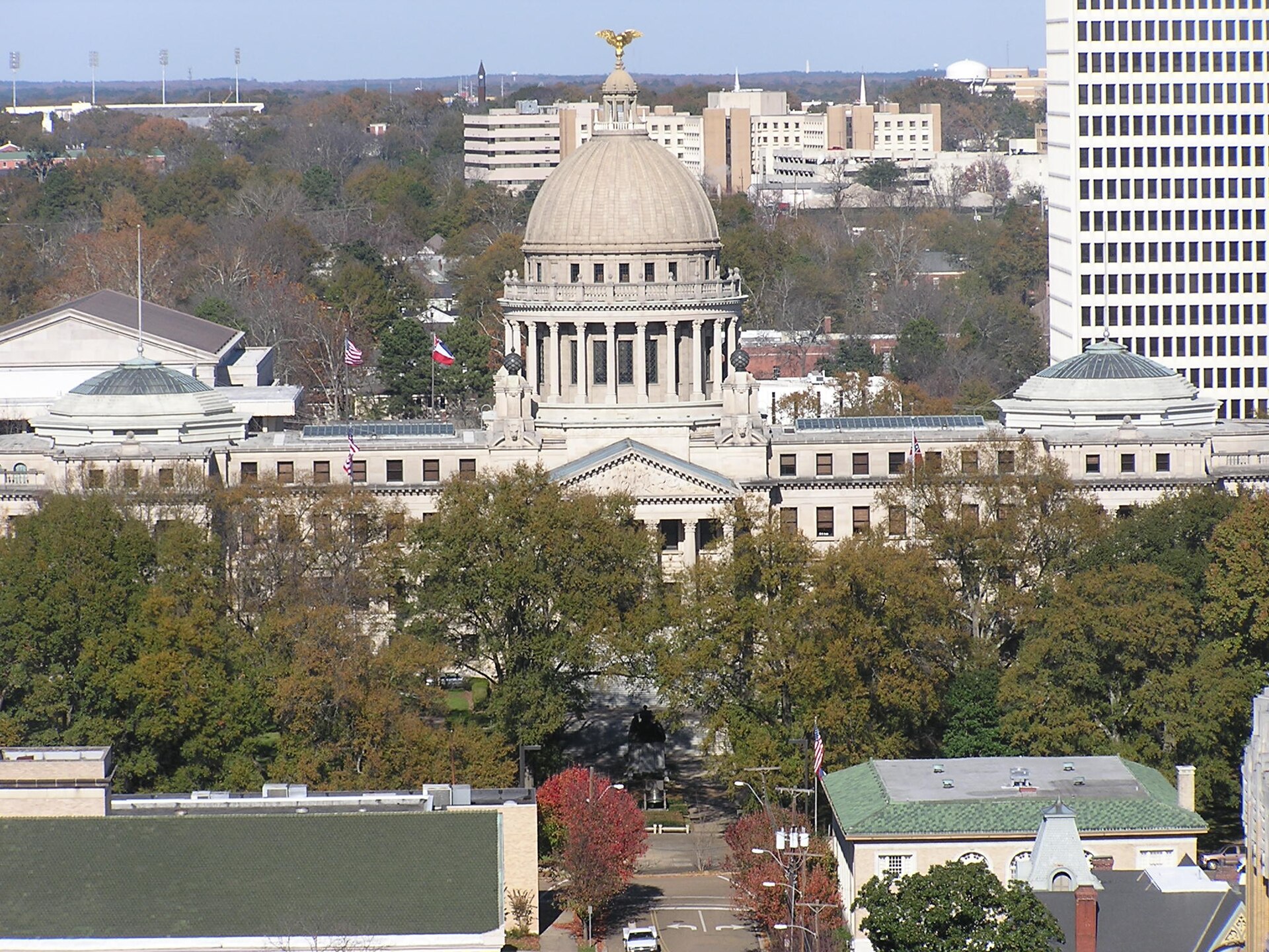 Elevated view of the Mississippi State Capitol and downtown Jackson